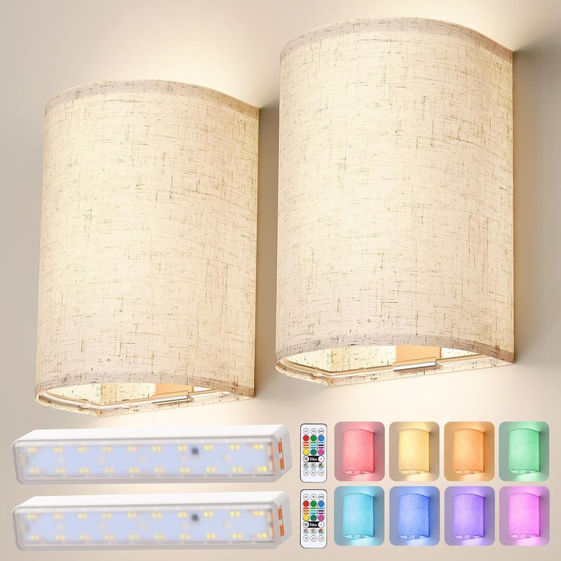 OCATO Battery Operated Wall Sconce: Wireless Wall Sconces Set of Two Magnetic Lamp Rechargeable Lights Dimmable with 16 RGB Colors Fabric Linen Shade with Remote Walls Decor for Bedroom Living Room - Image 1